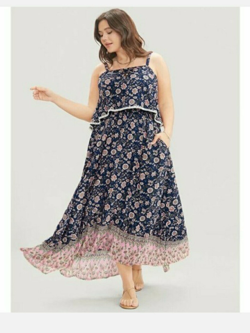 BloomChic Spaghetti Strap Blue Floral Ruffle Maxi Dress With Crochet Details 18